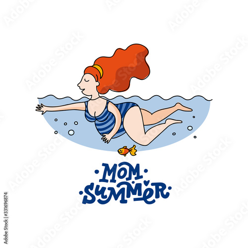 Vector colorful line flat illustration of a pregnant woman. Girl is swimming in the sea. Lettering Sea. Identity concept for pregnancy hospital, courses, postcards. Hand drawn Lettering Mom summer.