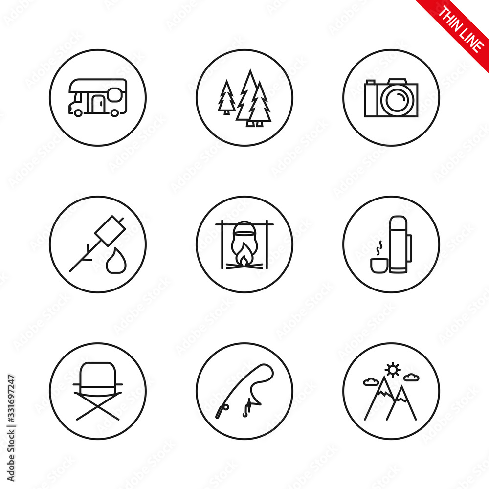 Camping. Universal icons set. Vector. Thin line. Camping. Universal icons set. Vector. Thin line.