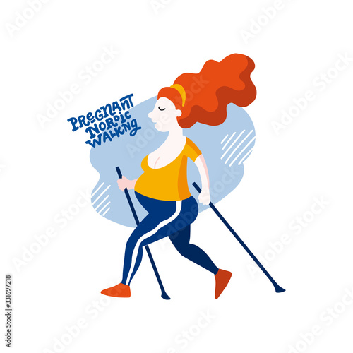 Vector flat illustration of a pregnant woman. Happy, healthy, sporty girl is doing Nordic walking Identity concept for pregnancy clinics, courses, sport group, poster Hand drawn design RGB