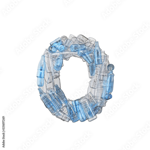 Number 0 made from plastic bottles. Plastic recycling font. 3D Rendering