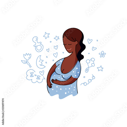 Vector colorful contour flat illustration of a black skinned pregnant woman. Happy dark skinned girl is waiting for a child. Identity concept for pregnancy hospital. Hand drawn template with doodle. 