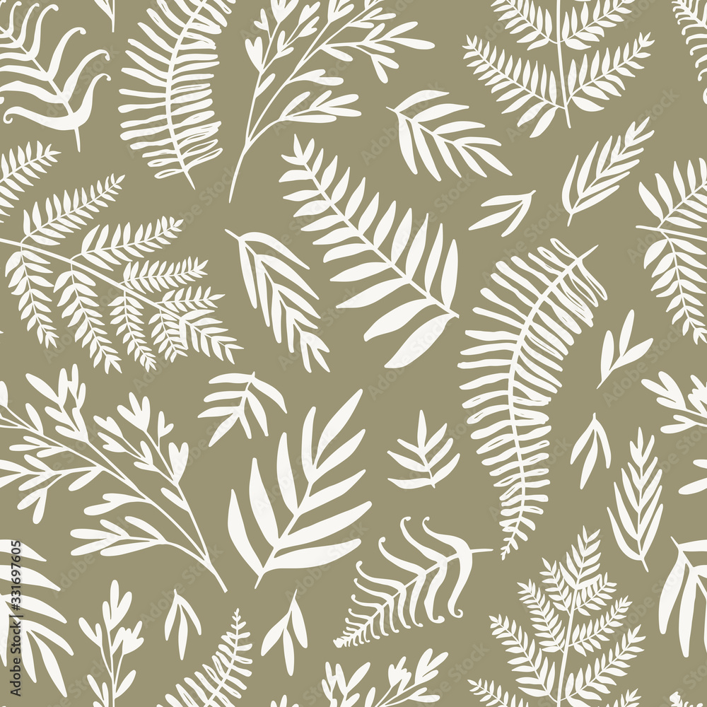 Abstract seamless pattern design with abstract blobs, hand drawn floral and fern leaves and branches. Tileable repeating background for branding,package, fabric and textile, wrapping paper