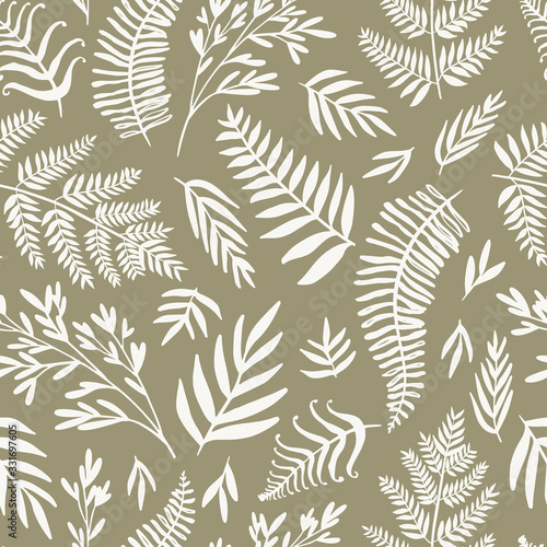 Abstract seamless pattern design with abstract blobs, hand drawn floral and fern leaves and branches. Tileable repeating background for branding,package, fabric and textile, wrapping paper