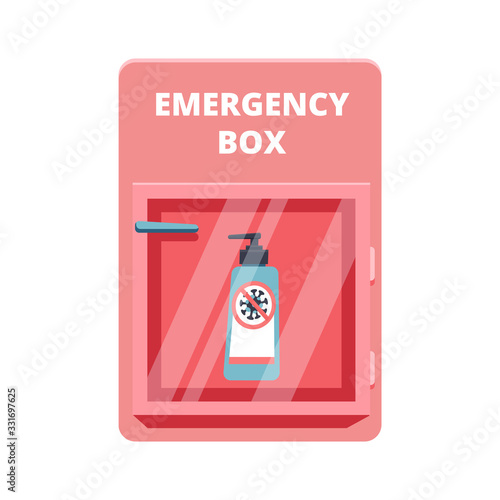 Emergency box with sanitized gel in red case of breakable glass. Shortage Coronavirus Phenomenon concept. COVID-19 protection. Vector illustration. Isolated on white background.