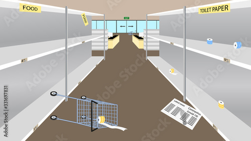 Empty supermarket shelves due to the panic of Coronavirus. People bought up all the toilet paper and food. There are no food or basic necessities in the store. Vector EPS 10. Horizontal.