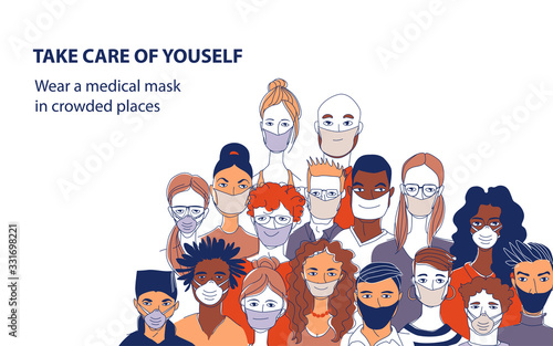 Diverse crowd group people wearing medical masks protection coronavirus epidemic.
