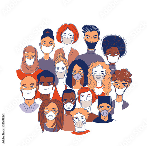 Diverse crowd group people wearing medical masks protection coronavirus epidemic.