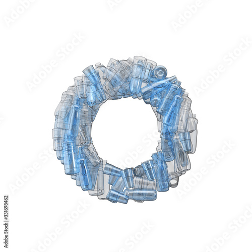 Letter O made from plastic bottles. Plastic recycling font. 3D Rendering