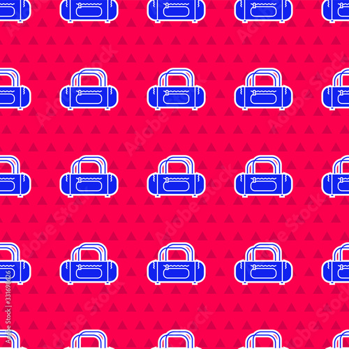 Blue Sport bag icon isolated seamless pattern on red background. Vector Illustration