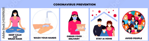 COVID-19. Coronavirus epidemic. Family quarantined. To stay home. A girl in a protective mask delivers food. To wash hands. Avoid people