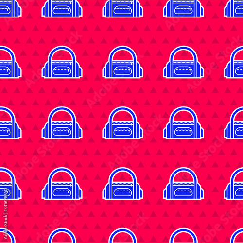 Blue Sport bag icon isolated seamless pattern on red background. Vector Illustration