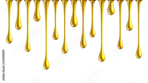 Golden nail polish drops. Dripping golden paint isolated on white background