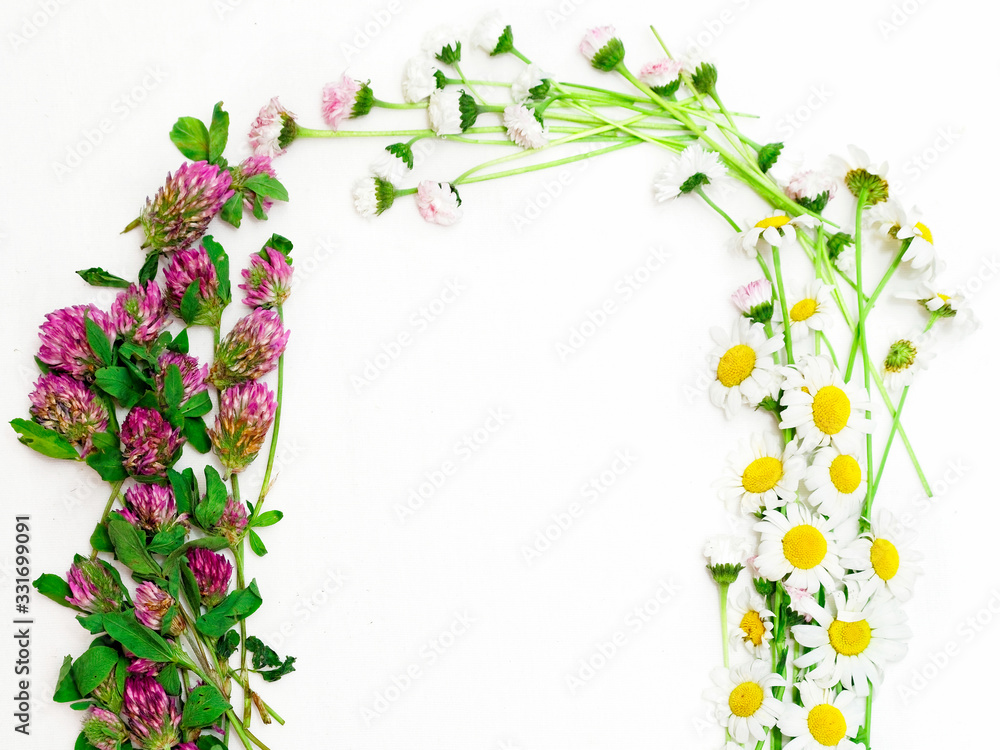 Fototapeta premium Wreath with clover and chamomile and daisy on white