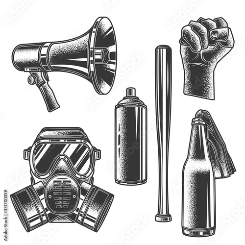 Original monochrome vector set in retro style. Items for protest, revolution, and rallies