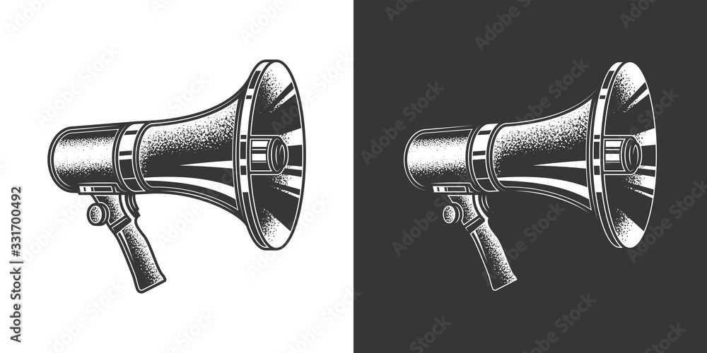 Original monochrome vector illustration. Megaphone. Hand-held loudspeaker horn in vintage style.