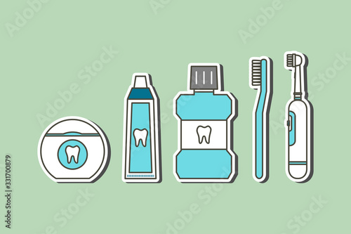 Good friend for tooth have toothbrush, electric toothbrush, toothpaste, floss and mouthwash (good for dental health care and hygiene) - teeth cartoon vector flat style