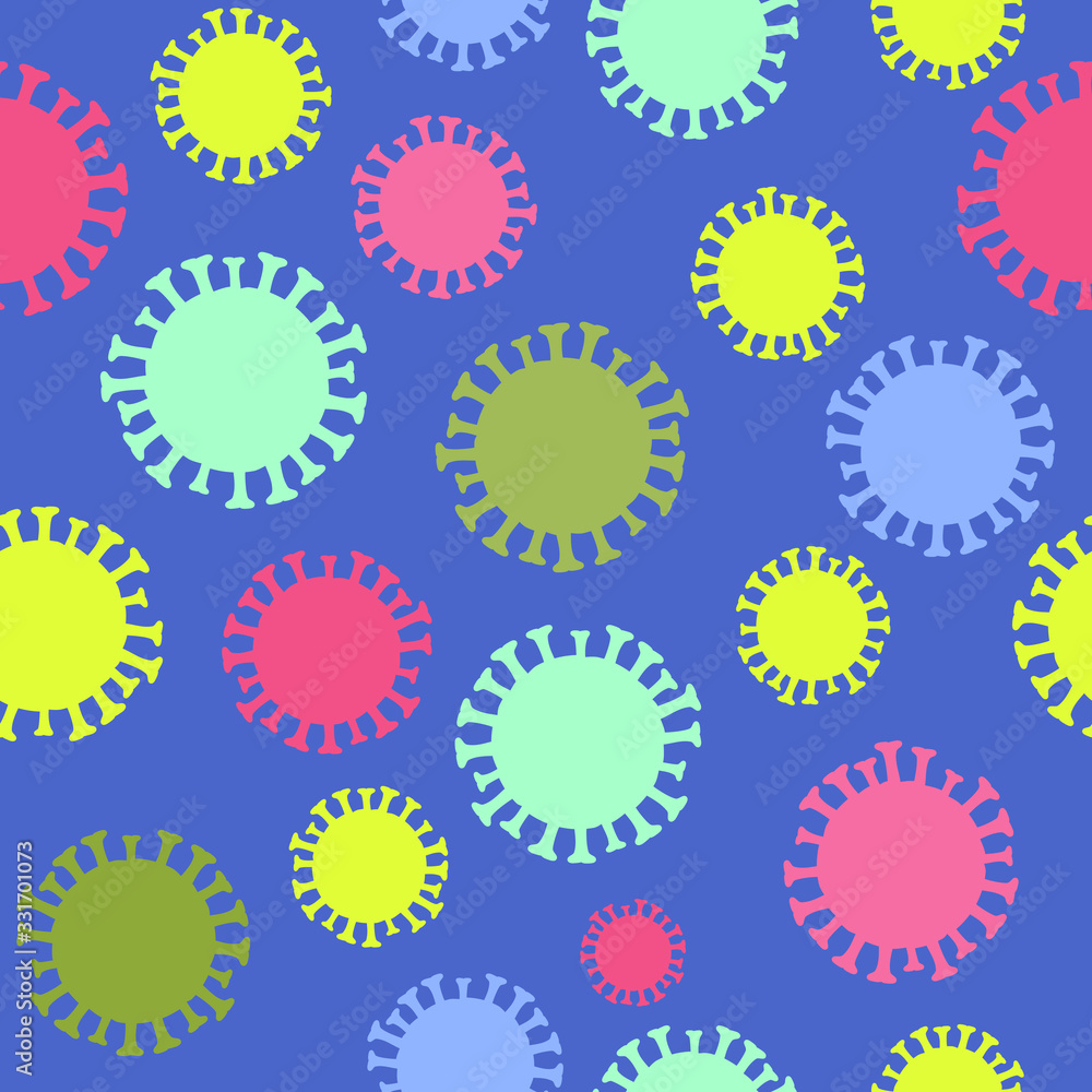 Seamless vector pattern of coronavirus molecules. Multi-colored coronavirus on a blue background. No Infection and Stop Coronavirus Concepts.