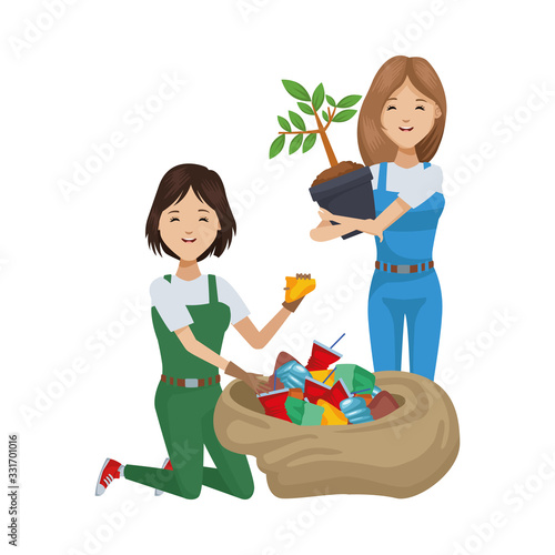 environmentalist women recycling and planting