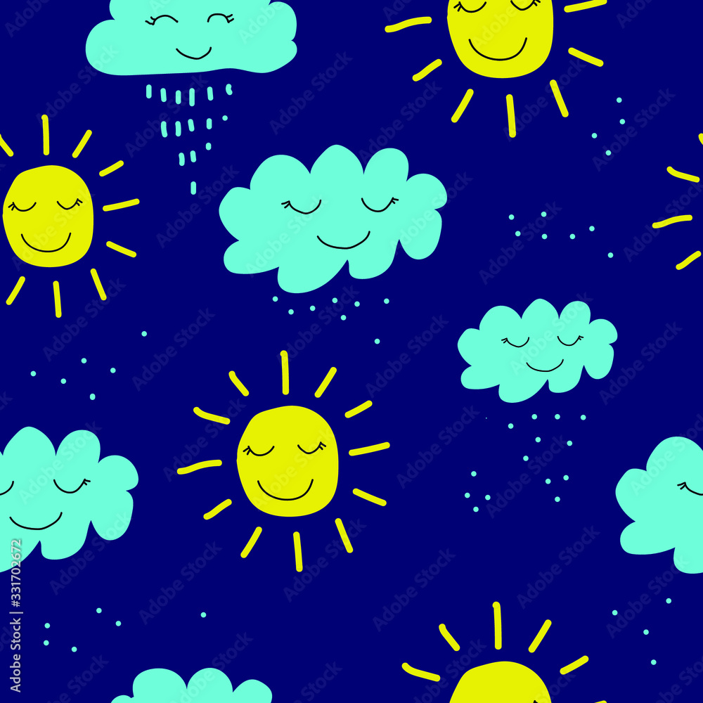 Seamless pattern with cute sun and clouds. Kids background. Vector illustration