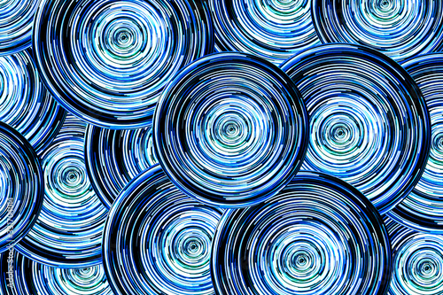 Abstract round circle background. Retro vinyl disco backdrop. Rotate graphic design. Spinning neon lights texture. Blue disc pattern. Led glowing lines.