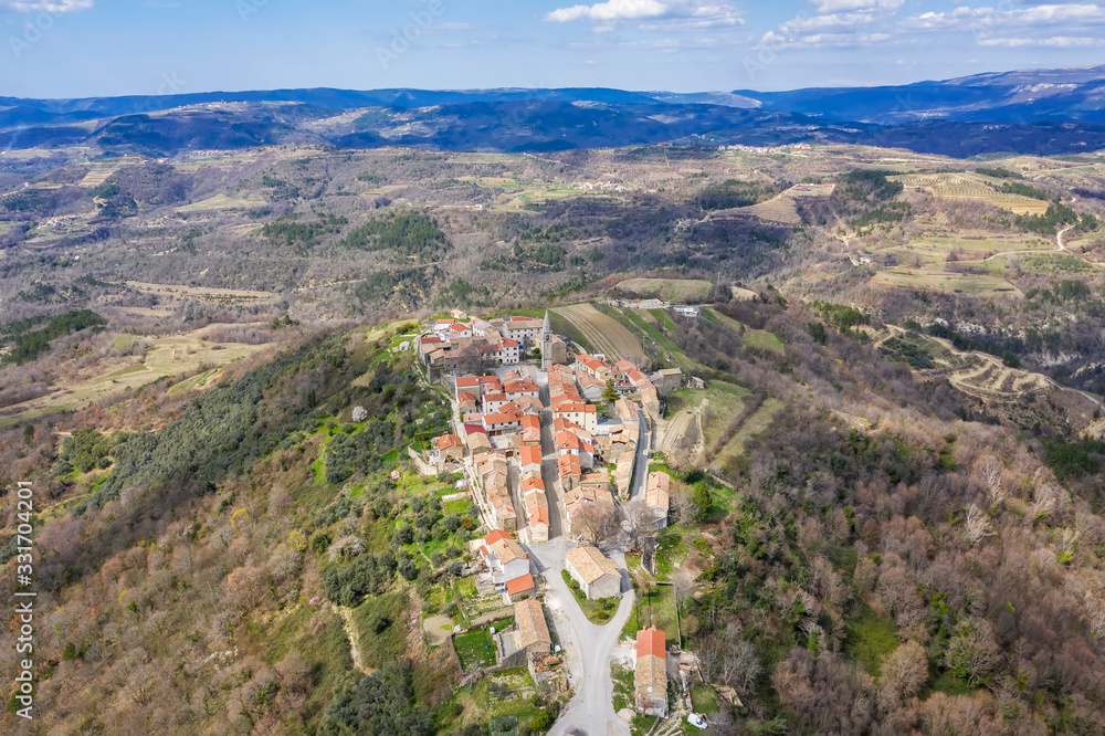 An aerial view of picturesque village Draguc, Istria, Croatia