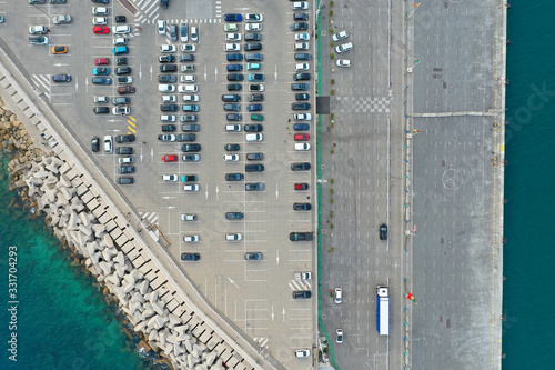Parking in the port of nice for loading on the ferry. Cote d 'azur aerial photography. Top view.