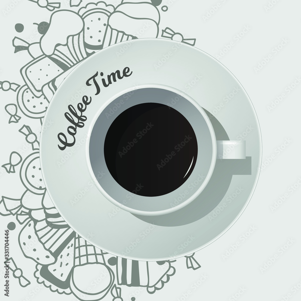 Vector cup of coffee on light background with different sweets. Hand drawn sweets. Top view of cup. Vector cup of coffee on light background with different sweets. Hand drawn sweets. Top view of cup.