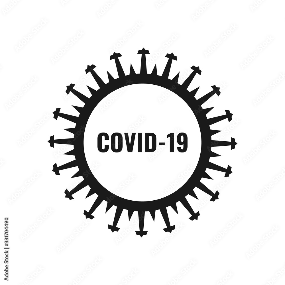 The black coronavirus logo with an acronym of COVID-19 is isolated on a white background. The concept is a coronavirus threat.