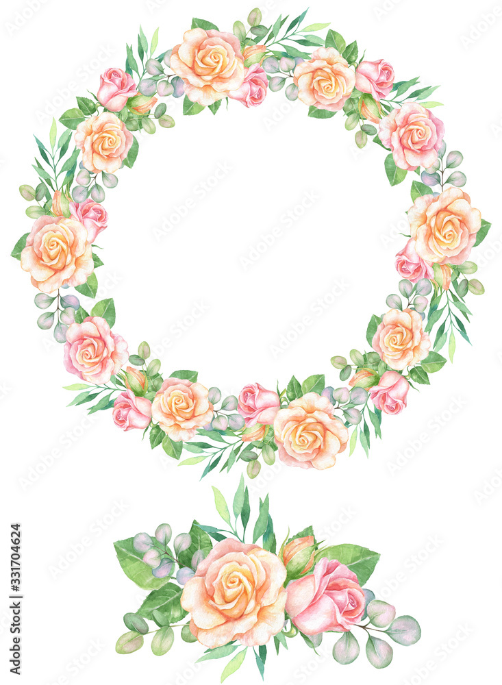 Watercolor wreath frame with roses and eucalyptus. bouquet