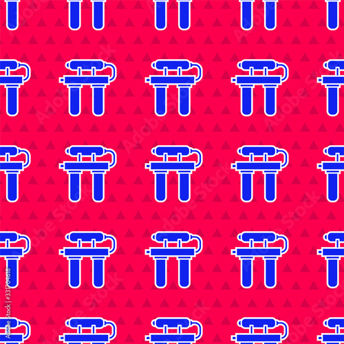Blue Water filter icon isolated seamless pattern on red background. System for filtration of water. Reverse osmosis system. Vector Illustration