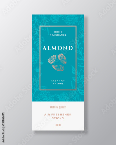 Almond Home Fragrance Abstract Vector Label Template. Hand Drawn Sketch Nuts, Flowers, Leaves Background and Retro Typography. Premium Room Perfume Packaging Design Layout. Realistic Mockup.
