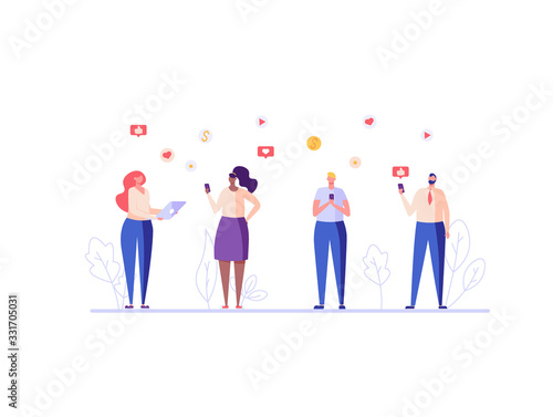 People communicate on social networks with mobile phone. Social network and social media marketing. Concept of smm, mobile marketing, like and repost. Vector illustration for UI, mobile app