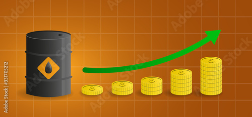 oil price growth concept. petroleum tank with green arrow and coins. vector illustration.