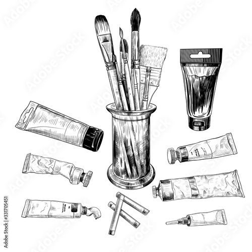 .A set of art materials. A variety of brushes and tubes with paints. Hand-drawn vector illustration of art materials in vintage style. Sketch.