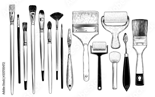 .A collection of sketches of art brushes, palette  knifes and foam rubber rollers. A variety of tools in vintage style. Hand-drawn vector design elements. Clipart..