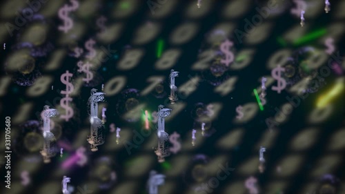 World main currencies dropping over blurred background with moving rows of numbers. photo