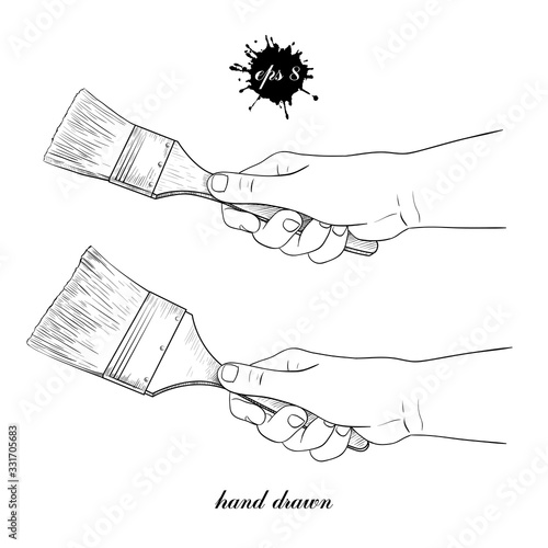 .Paintbrush in the hand. Vector Set of two sketches.. Hand-drawn illustration.Isolated objects on white background..
