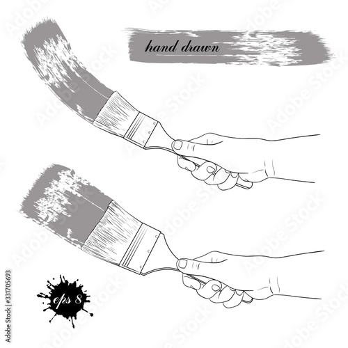 Paintbrush in the hand. Coloration. Vector Set of two sketches.. Hand-drawn illustration.Isolated objects on white background.