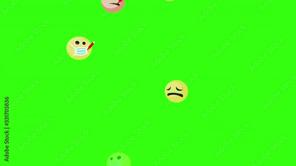 Green screen. Social media emoticons emoji with face masks that mean sick disease, illness suffer running from below to the top in a black background. Love sign. Chroma key. Green screen. Social media emoticons emoji with face masks that mean sick disease, illness suffer running from below to the top in a black background. Love sign. Chroma key.
