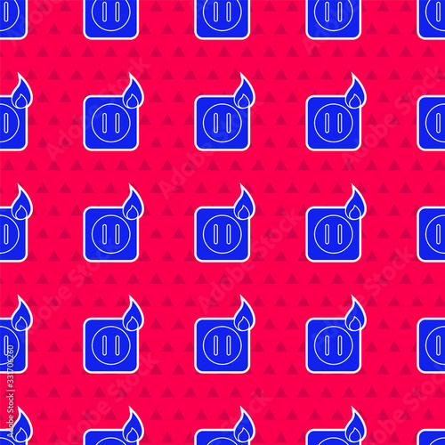 Blue Electric wiring of socket in fire icon isolated seamless pattern on red background. Electrical safety concept. Plug outlet on fire. Vector Illustration