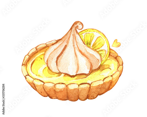 Fotografi tartlet pastry meringue lemon cream yellow sweet home baking watercolor isolated