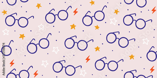 Seamless pattern with round eyeglasses, stars