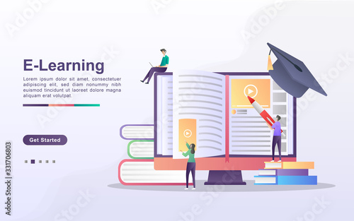 E Learning concept with people character premium vector