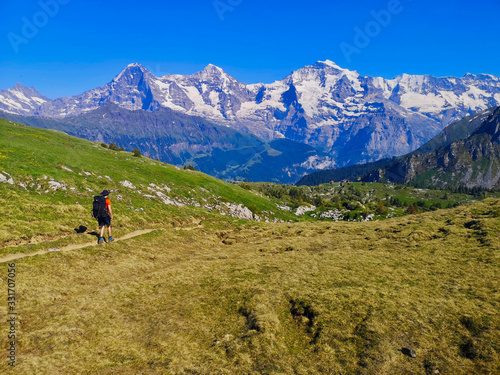 young male backpacker / hiker in summer, facing the snowy mountains in the distance