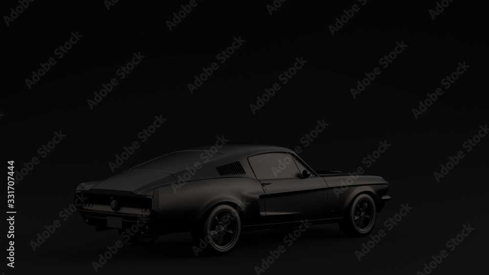 Powerful Black Muscle Car Black Background 3d illustration 3d render