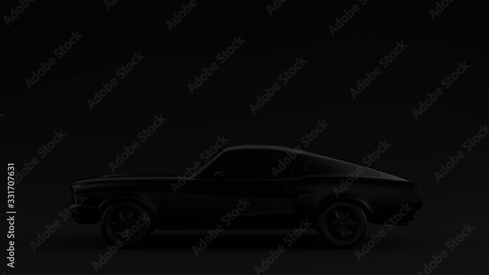 Powerful Black Muscle Car Black Background 3d illustration 3d render