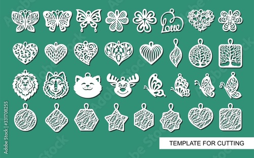 Large set of cute decorative ornaments with leaves, flowers, butterflies, hearts, animals. Template for laser cutting, metal engraving, wood carving, plywood, cardboard, paper cut. Vector illustration