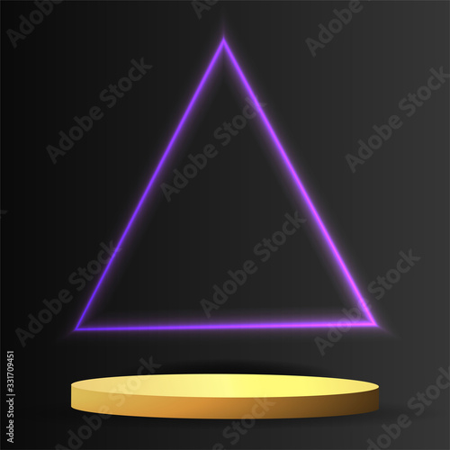 Metallic golden stage with floating geometrical forms and glow neon light, round platform, realistic minimal background, 3d luxury frame scene