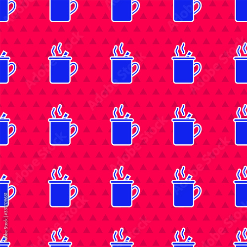 Blue Mulled wine with glass of drink and ingredients icon isolated seamless pattern on red background. Cinnamon stick, clove, lemon slice. Vector Illustration