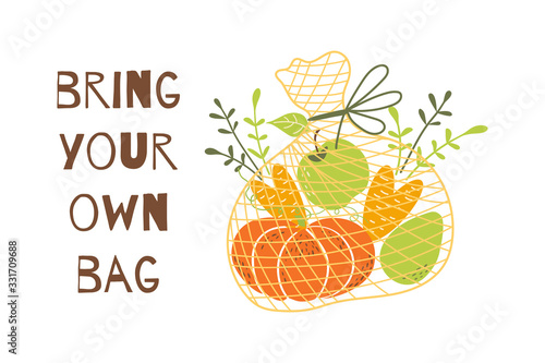 Bring your own bag. Shopping net full of vegetables, fruits Zero waste concept. No plastic. Hand drawn vector